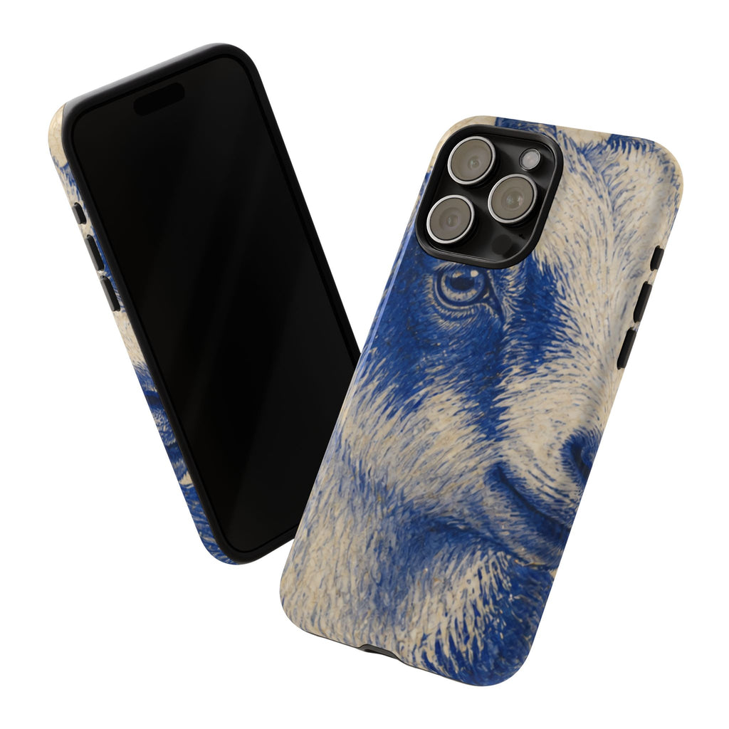 Goat iPhone Case – Pygmy Goat - Cobalt Transferware Portrait | Tough Dual-Layer Case, iPhone 11–17