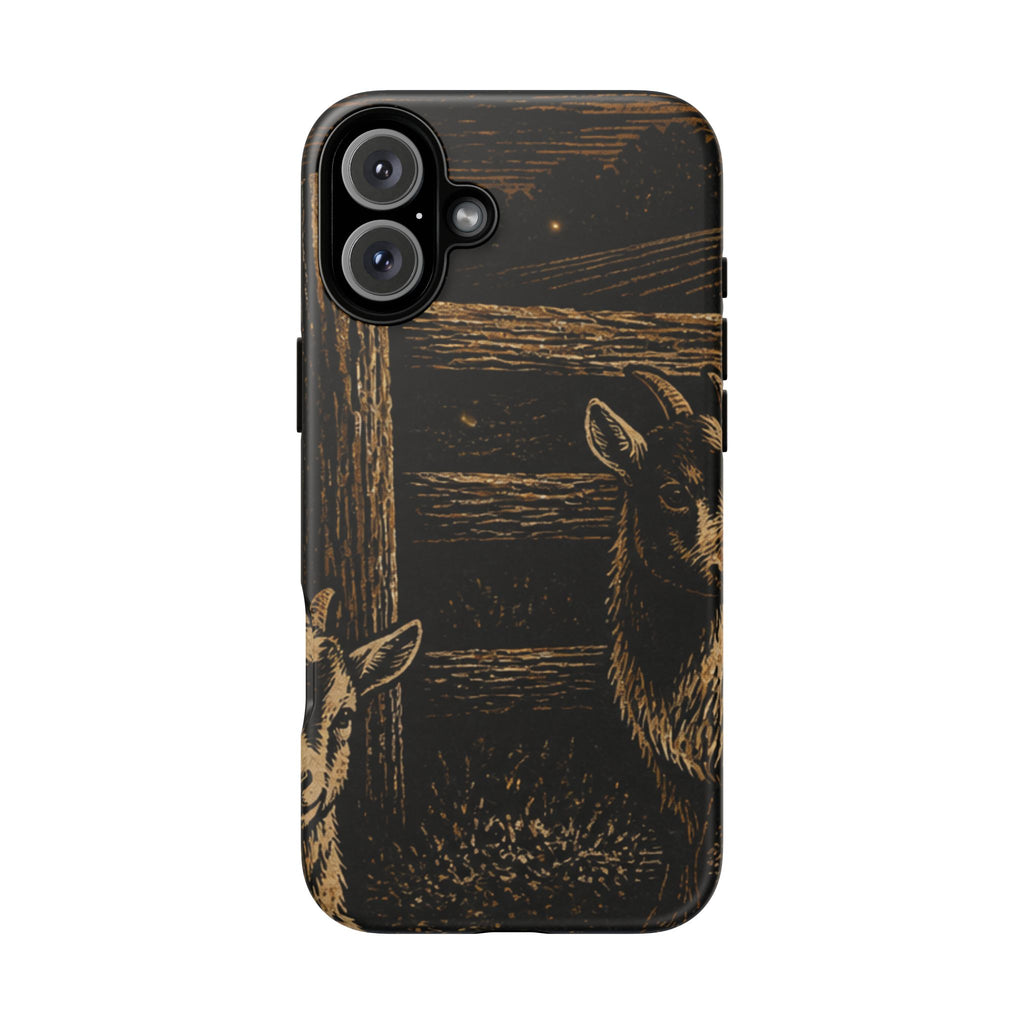Goat iPhone Case – Pygmy Goats - Night Linocut Fireflies | Tough Dual-Layer Case, iPhone 11–17