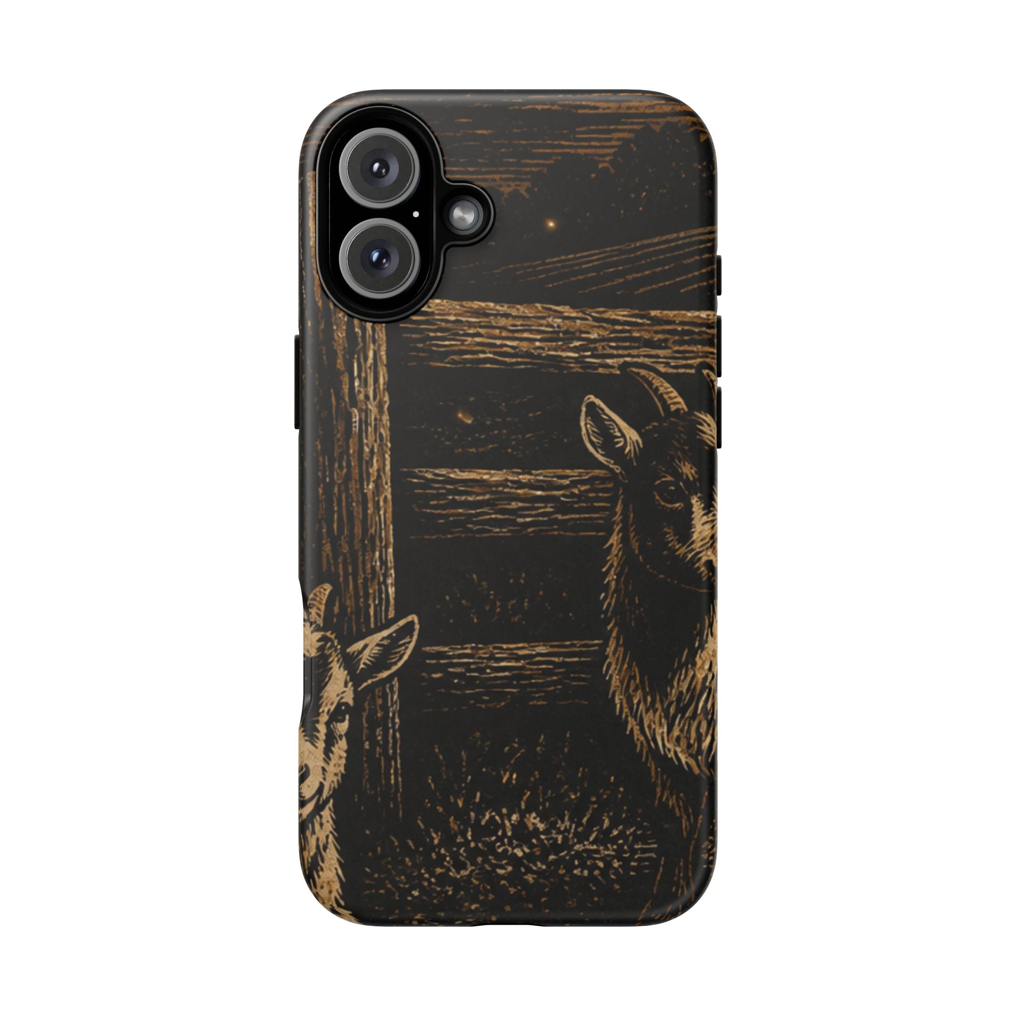 Goat iPhone Case – Pygmy Goats - Night Linocut Fireflies | Tough Dual-Layer Case, iPhone 11–17