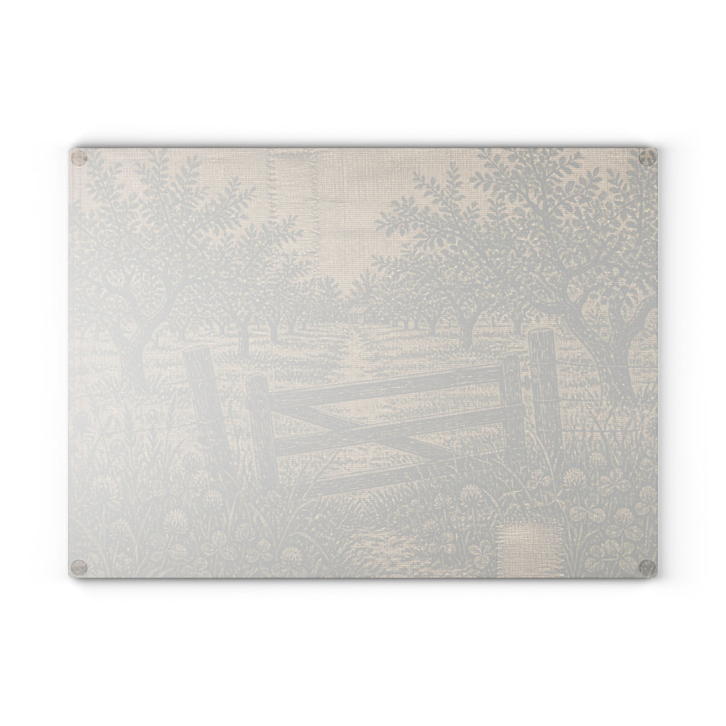 Glass Cutting Board – Grain-Sack Orchard Gate | Tempered Glass Charcuterie & Serving Board