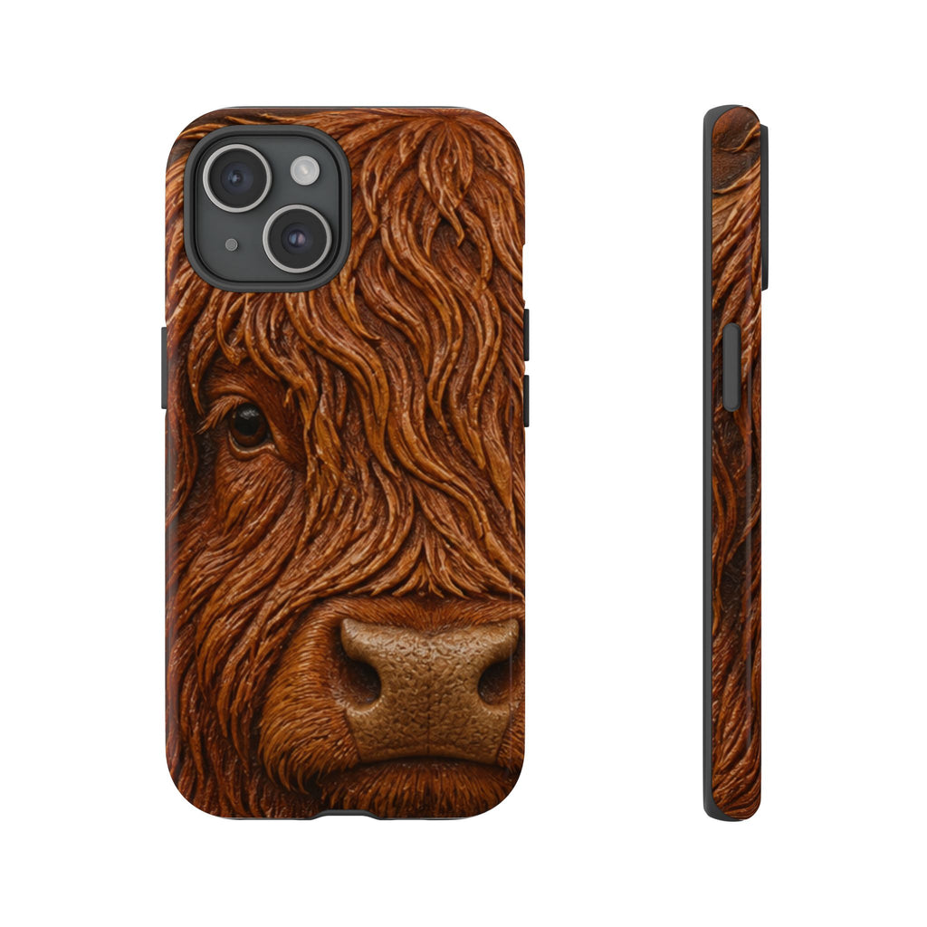 Highland Cow iPhone Case – Mini Highland - Tooled Leather Portrait | Tough Dual-Layer Case, iPhone 11–17
