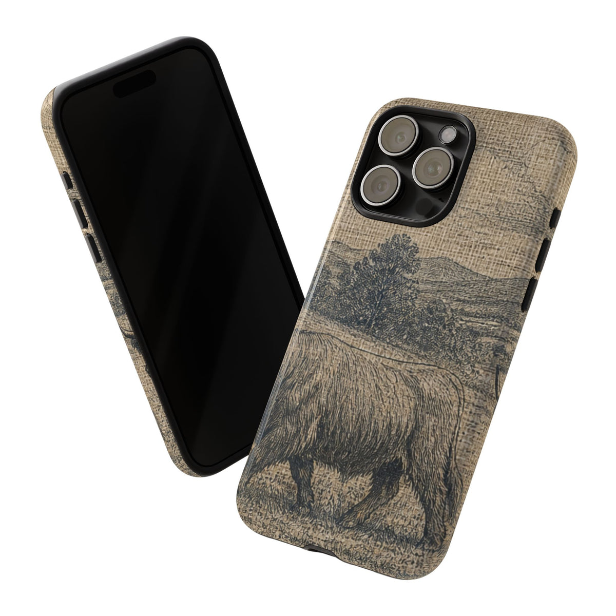 Highland Cow iPhone Case – Mini Highland - Linen Field Engraving | Tough Dual-Layer Case, iPhone 11–17