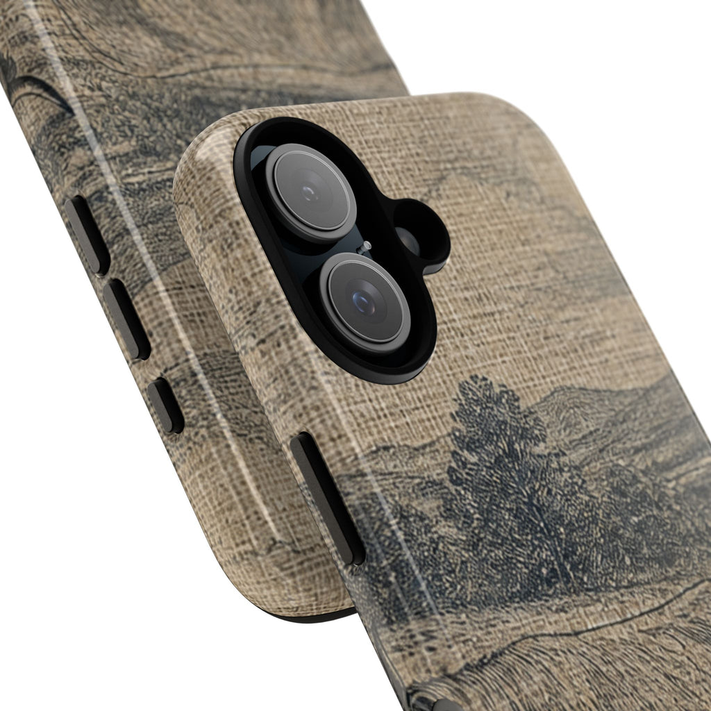 Highland Cow iPhone Case – Mini Highland - Linen Field Engraving | Tough Dual-Layer Case, iPhone 11–17