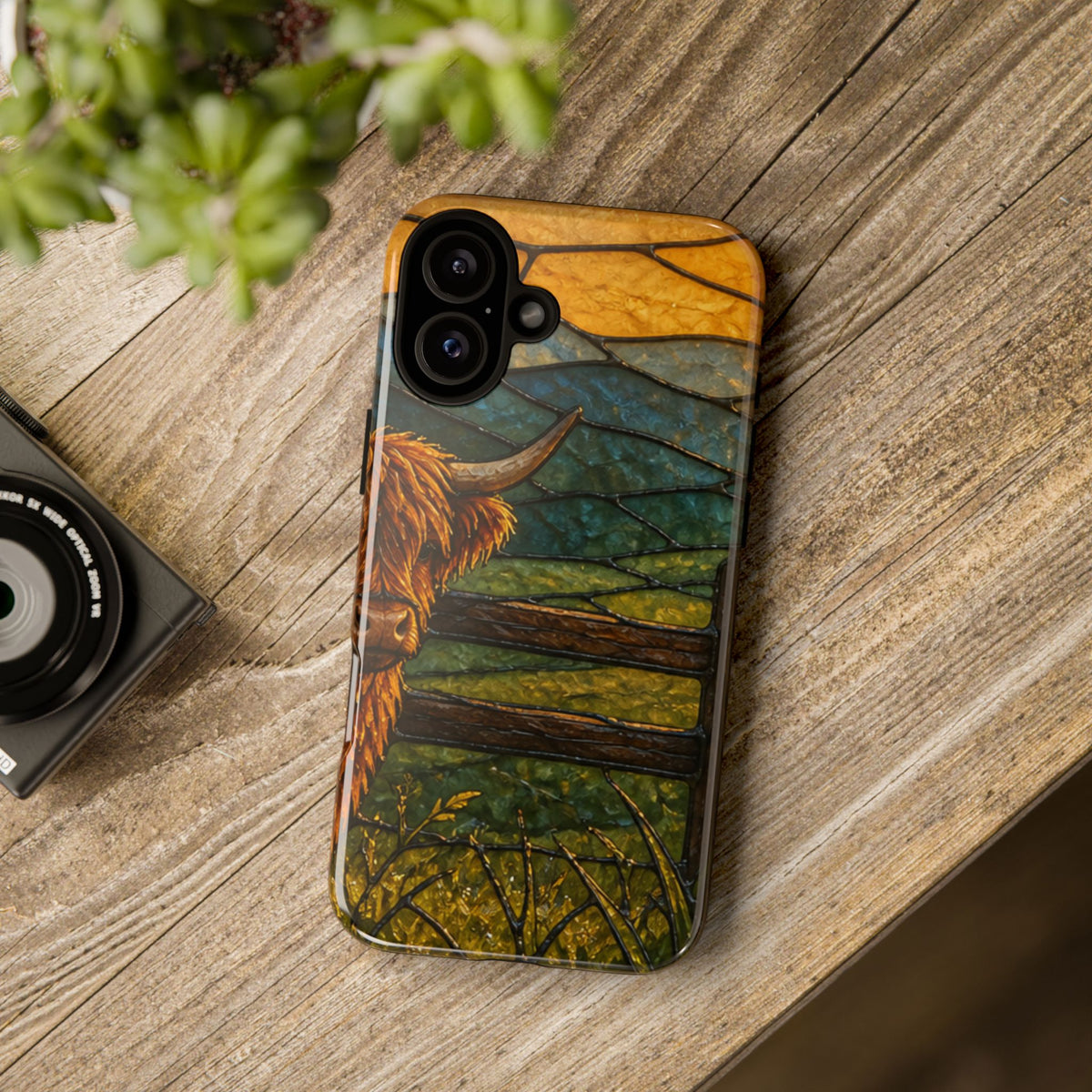 Highland Cow iPhone Case – Mini Highland - Stained Glass Morning Pasture | Tough Dual-Layer Case, iPhone 11–17