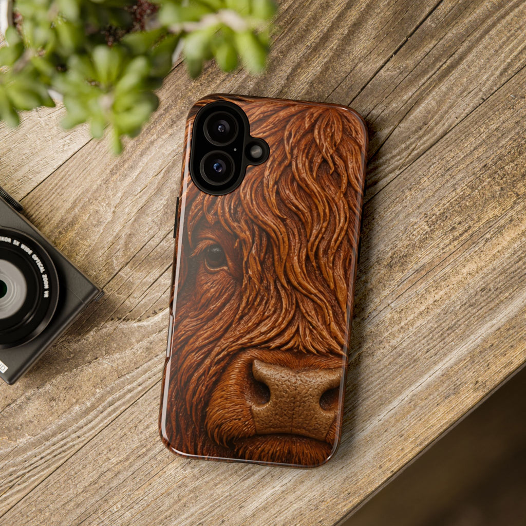 Highland Cow iPhone Case – Mini Highland - Tooled Leather Portrait | Tough Dual-Layer Case, iPhone 11–17