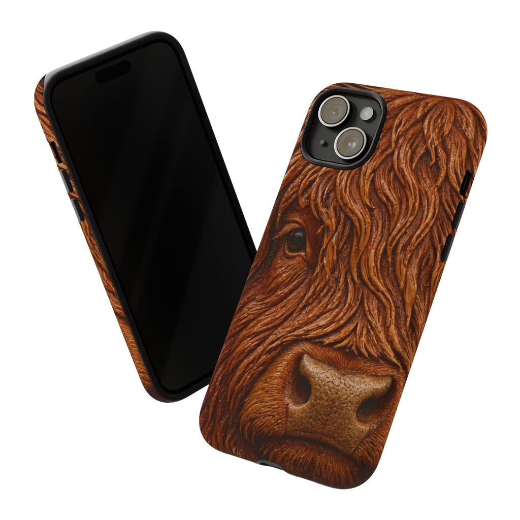 Highland Cow iPhone Case – Mini Highland - Tooled Leather Portrait | Tough Dual-Layer Case, iPhone 11–17