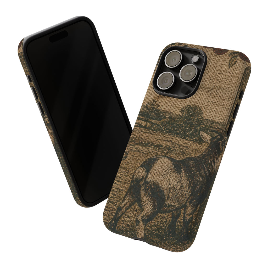 Goat iPhone Case – Pygmy Goats - Grain-Sack Orchard Gate | Tough Dual-Layer Case, iPhone 11–17