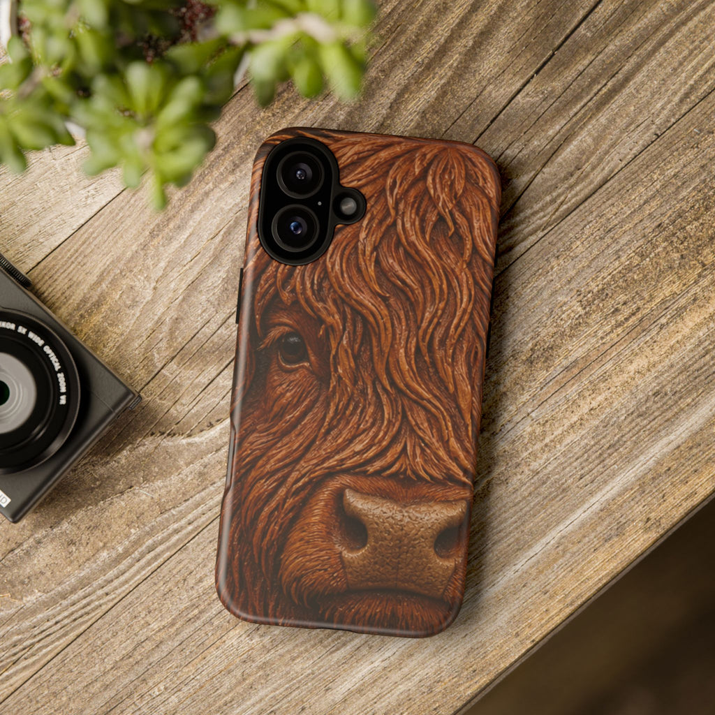 Highland Cow iPhone Case – Mini Highland - Tooled Leather Portrait | Tough Dual-Layer Case, iPhone 11–17