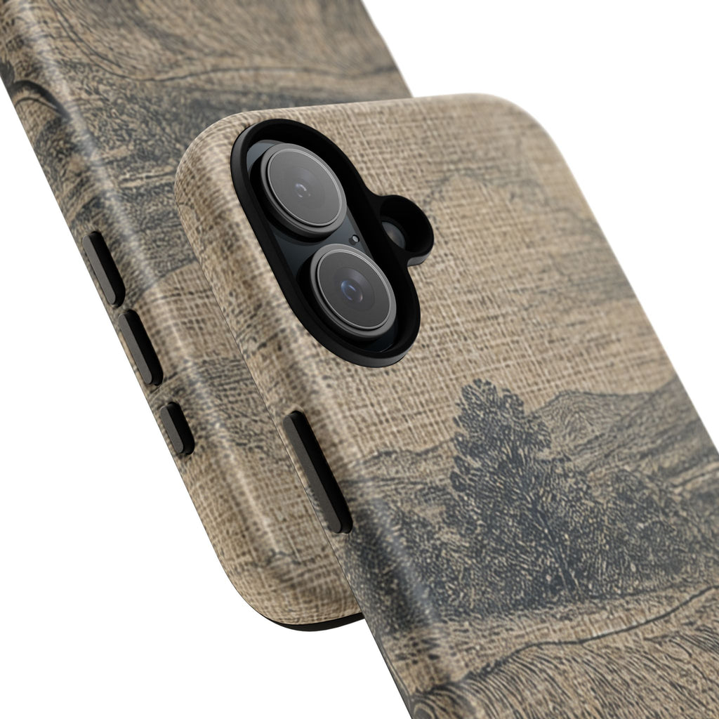 Highland Cow iPhone Case – Mini Highland - Linen Field Engraving | Tough Dual-Layer Case, iPhone 11–17