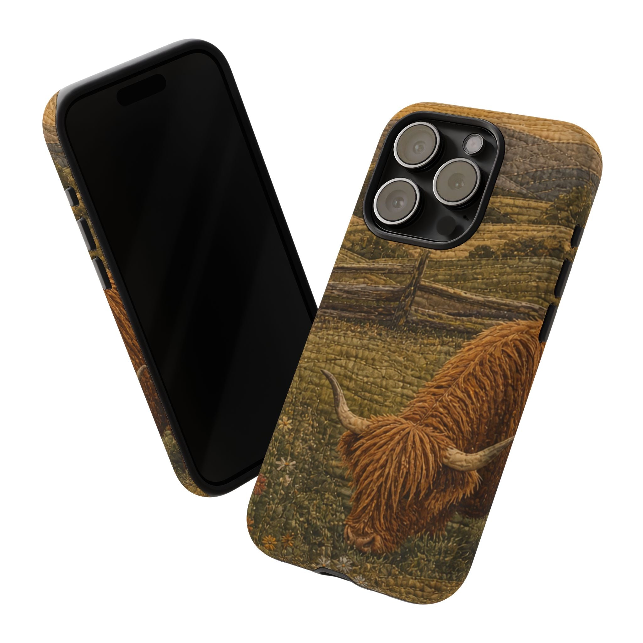 Highland Cow iPhone Case – Mini Highland - Heirloom Quilt Meadow | Tough Dual-Layer Case, iPhone 11–17
