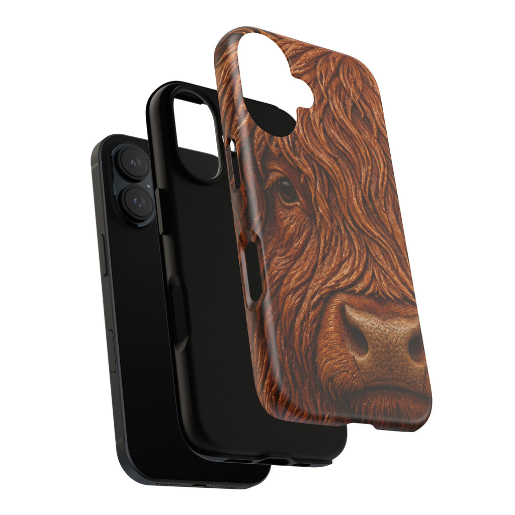 Highland Cow iPhone Case – Mini Highland - Tooled Leather Portrait | Tough Dual-Layer Case, iPhone 11–17