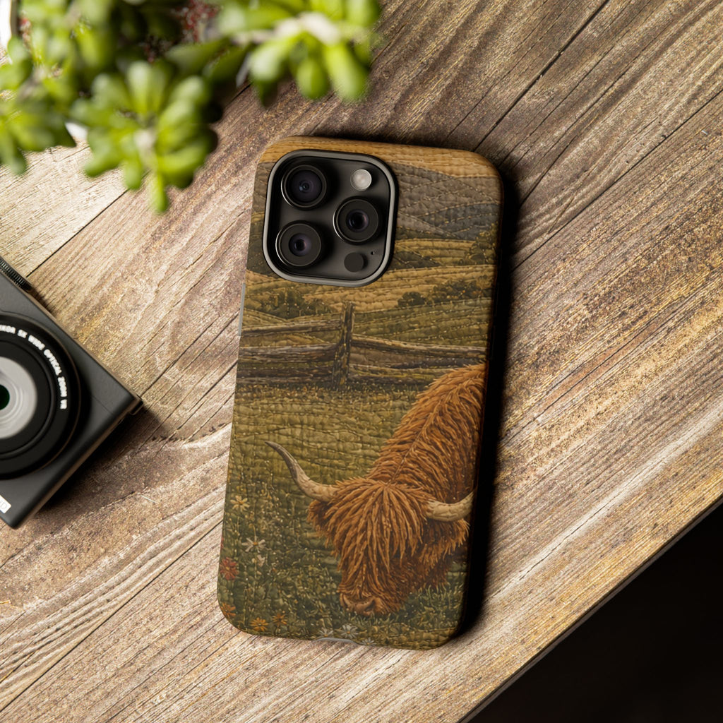 Highland Cow iPhone Case – Mini Highland - Heirloom Quilt Meadow | Tough Dual-Layer Case, iPhone 11–17