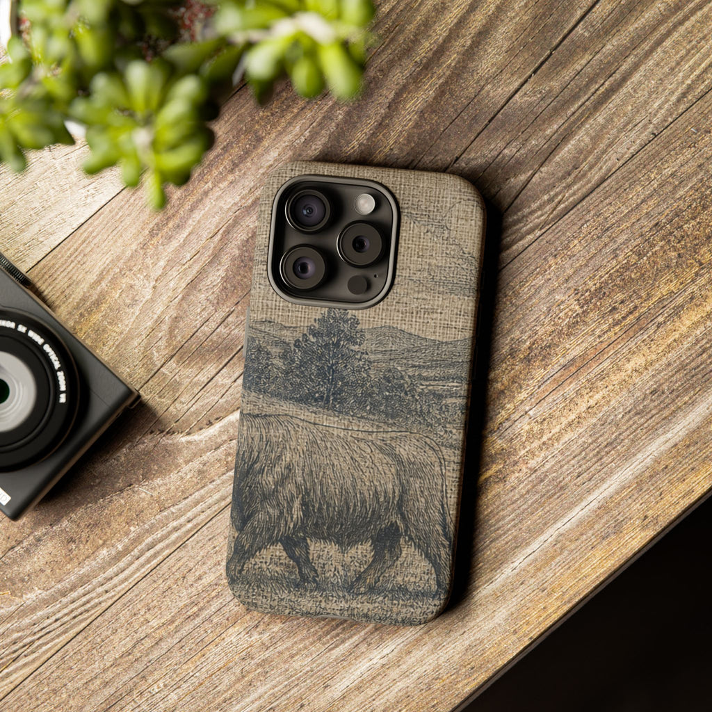 Highland Cow iPhone Case – Mini Highland - Linen Field Engraving | Tough Dual-Layer Case, iPhone 11–17