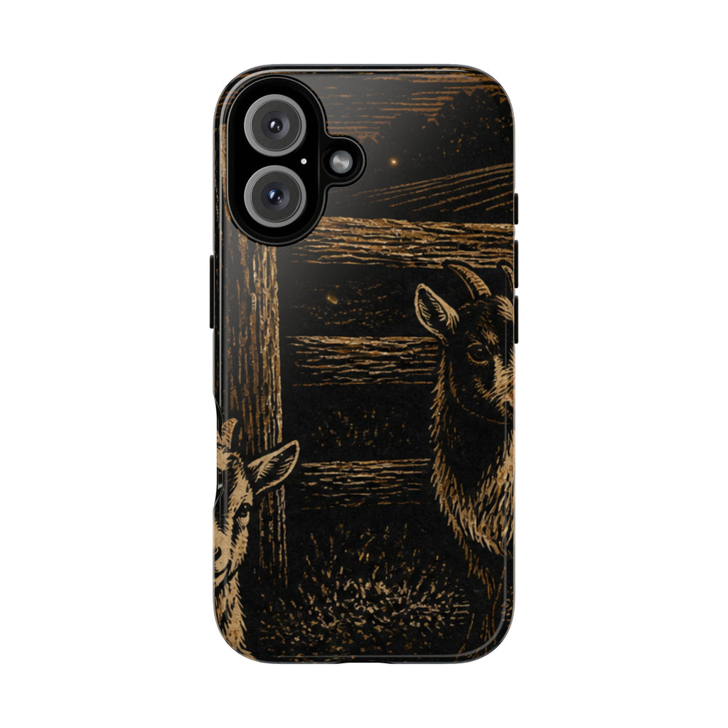 Goat iPhone Case – Pygmy Goats - Night Linocut Fireflies | Tough Dual-Layer Case, iPhone 11–17
