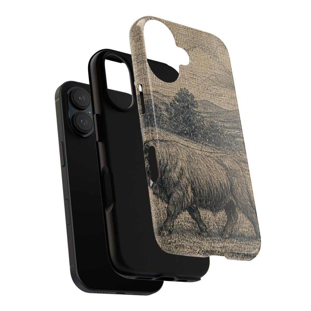 Highland Cow iPhone Case – Mini Highland - Linen Field Engraving | Tough Dual-Layer Case, iPhone 11–17