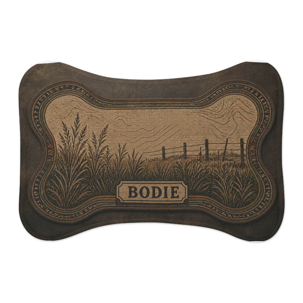 Personalized Dog Feeding Mat – Field & Fence | Custom Name, Non-Slip Bone Shape