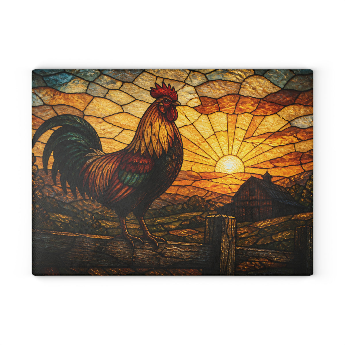 Rooster Glass Cutting Board – Rooster at First Light Stained | Tempered Glass Charcuterie & Serving Board