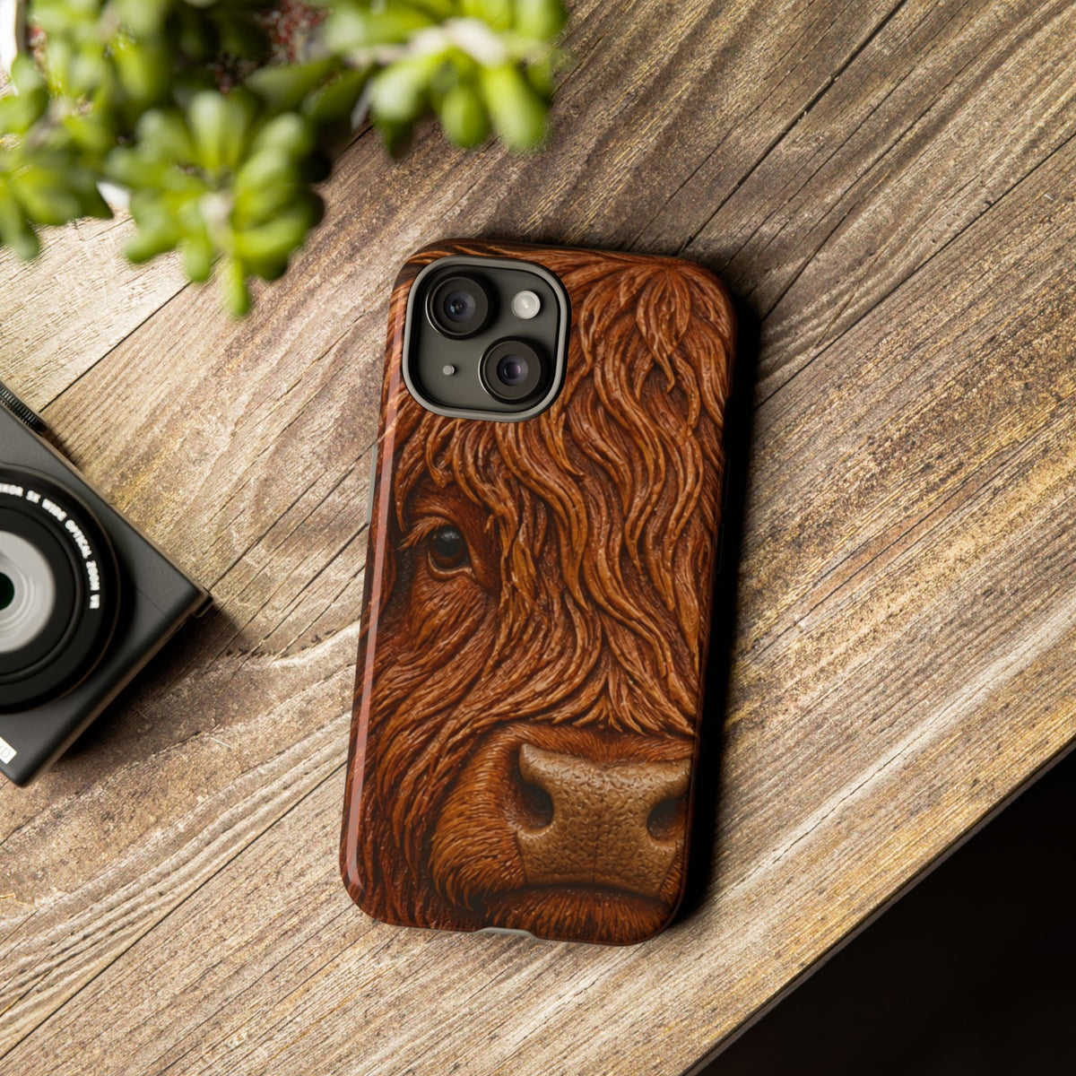 Highland Cow iPhone Case – Mini Highland - Tooled Leather Portrait | Tough Dual-Layer Case, iPhone 11–17