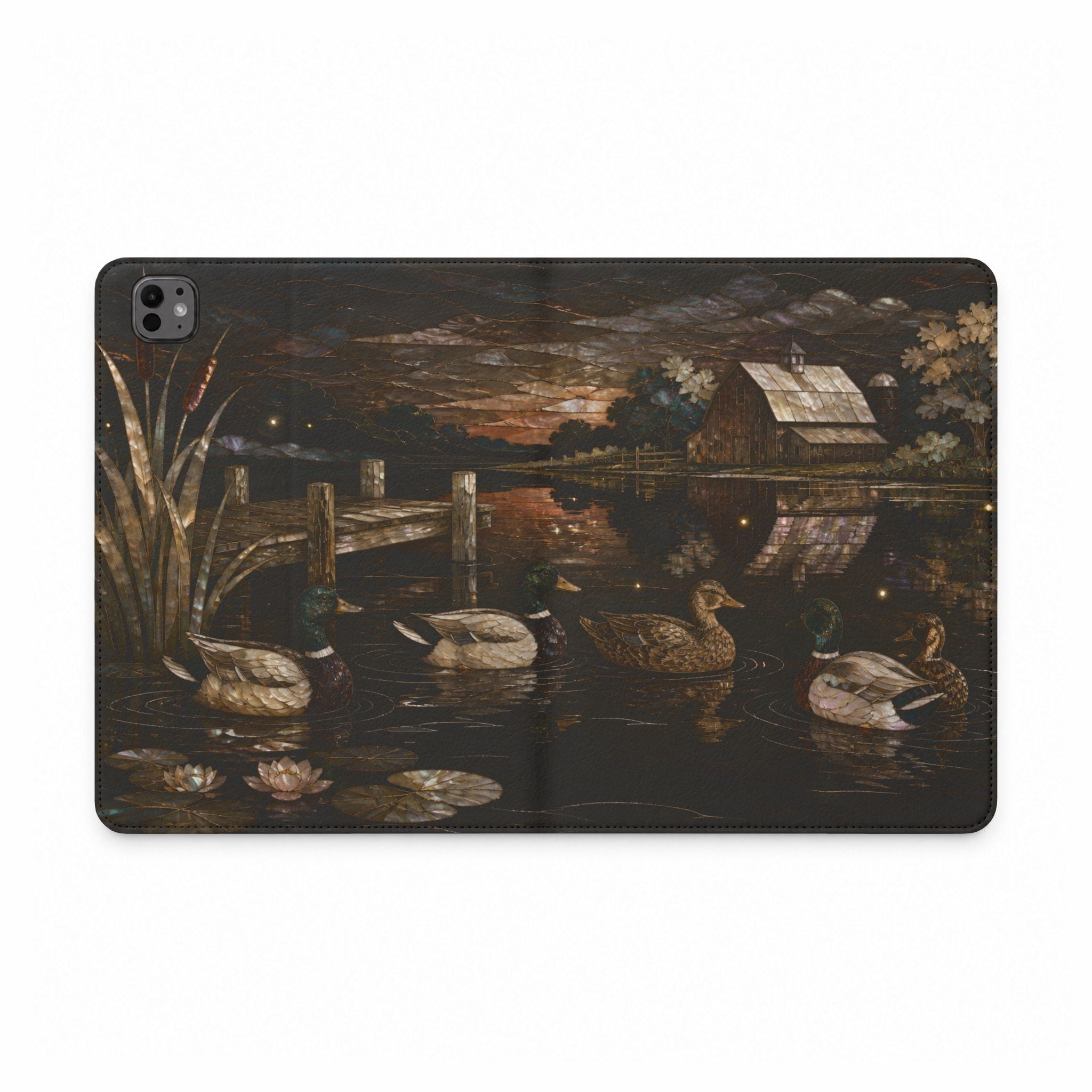 Duck iPad Case – Ducks on the Farm Pond Mother-of-Pearl | Vegan Leather Folio with Card Pockets, All iPad Models