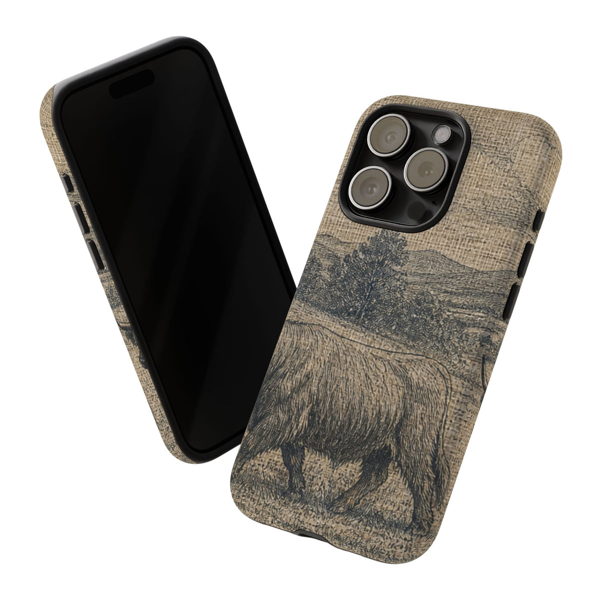 Highland Cow iPhone Case – Mini Highland - Linen Field Engraving | Tough Dual-Layer Case, iPhone 11–17