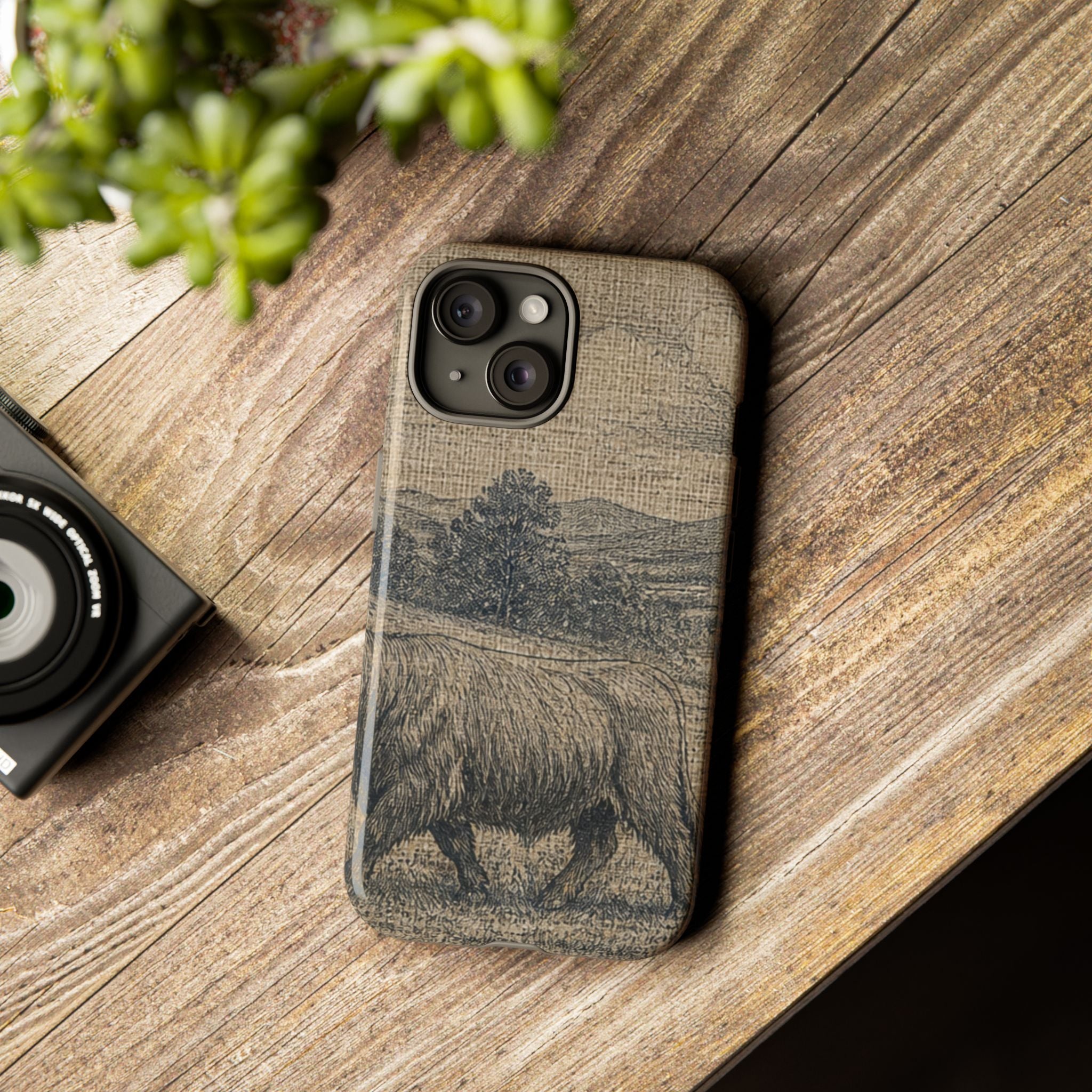 Highland Cow iPhone Case – Mini Highland - Linen Field Engraving | Tough Dual-Layer Case, iPhone 11–17