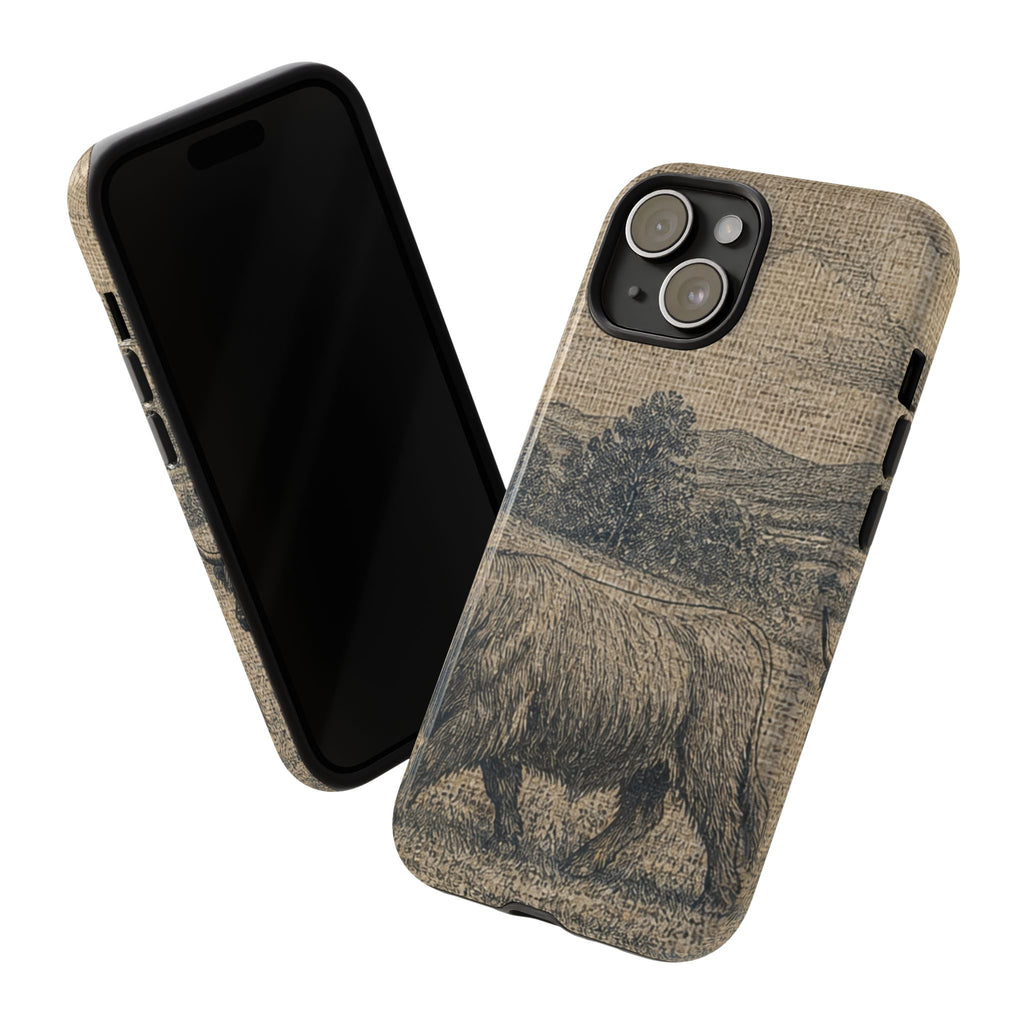 Highland Cow iPhone Case – Mini Highland - Linen Field Engraving | Tough Dual-Layer Case, iPhone 11–17