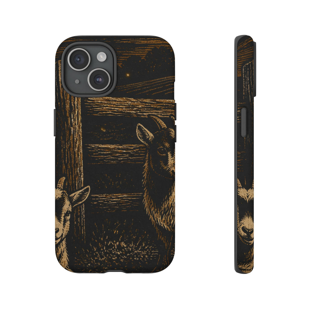 Goat iPhone Case – Pygmy Goats - Night Linocut Fireflies | Tough Dual-Layer Case, iPhone 11–17