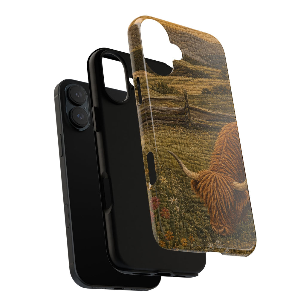 Highland Cow iPhone Case – Mini Highland - Heirloom Quilt Meadow | Tough Dual-Layer Case, iPhone 11–17