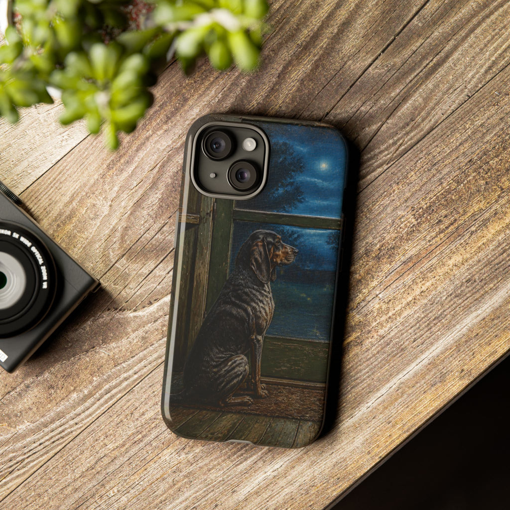 Coonhound Dog iPhone Case – Coonhound at the Screen Door Painted Tin | Tough Dual-Layer Case, iPhone 11–17