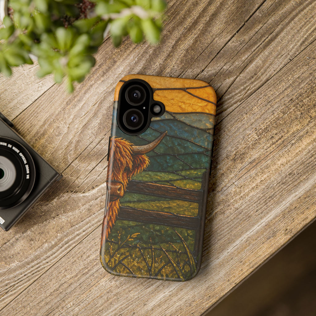 Highland Cow iPhone Case – Mini Highland - Stained Glass Morning Pasture | Tough Dual-Layer Case, iPhone 11–17
