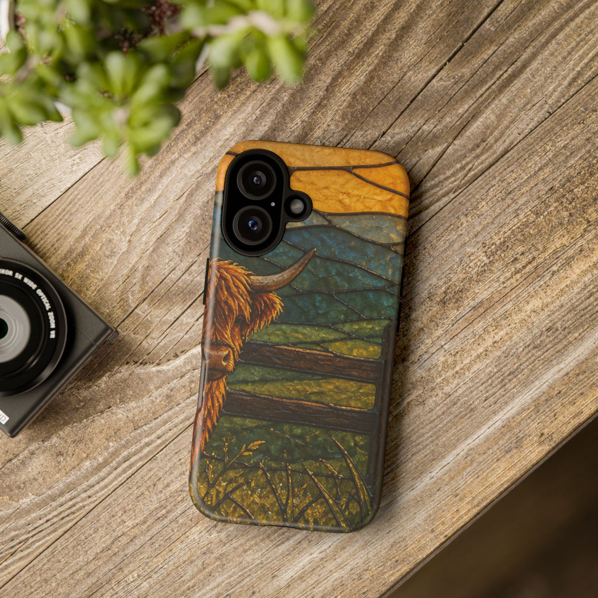 Highland Cow iPhone Case – Mini Highland - Stained Glass Morning Pasture | Tough Dual-Layer Case, iPhone 11–17