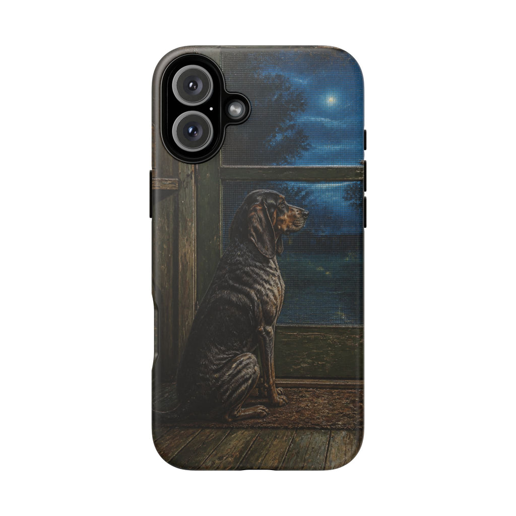 Coonhound Dog iPhone Case – Coonhound at the Screen Door Painted Tin | Tough Dual-Layer Case, iPhone 11–17