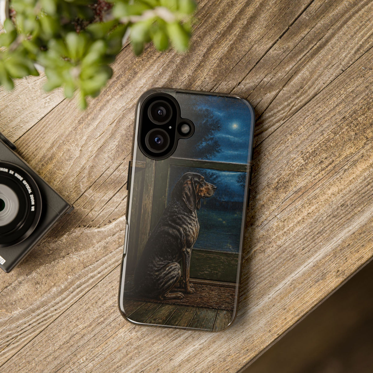 Coonhound Dog iPhone Case – Coonhound at the Screen Door Painted Tin | Tough Dual-Layer Case, iPhone 11–17
