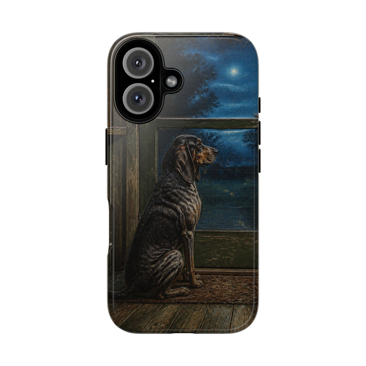 Coonhound Dog iPhone Case – Coonhound at the Screen Door Painted Tin | Tough Dual-Layer Case, iPhone 11–17