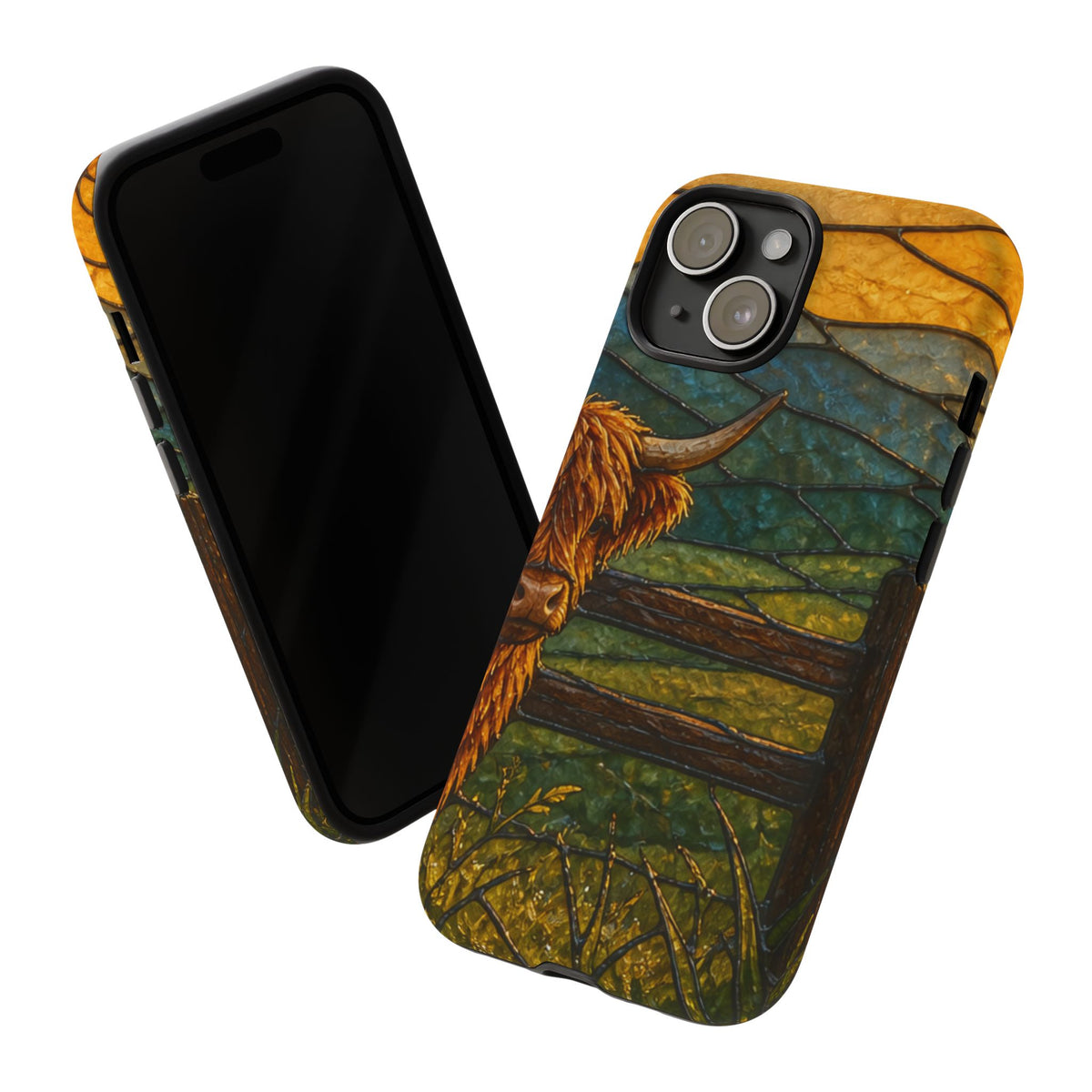 Highland Cow iPhone Case – Mini Highland - Stained Glass Morning Pasture | Tough Dual-Layer Case, iPhone 11–17
