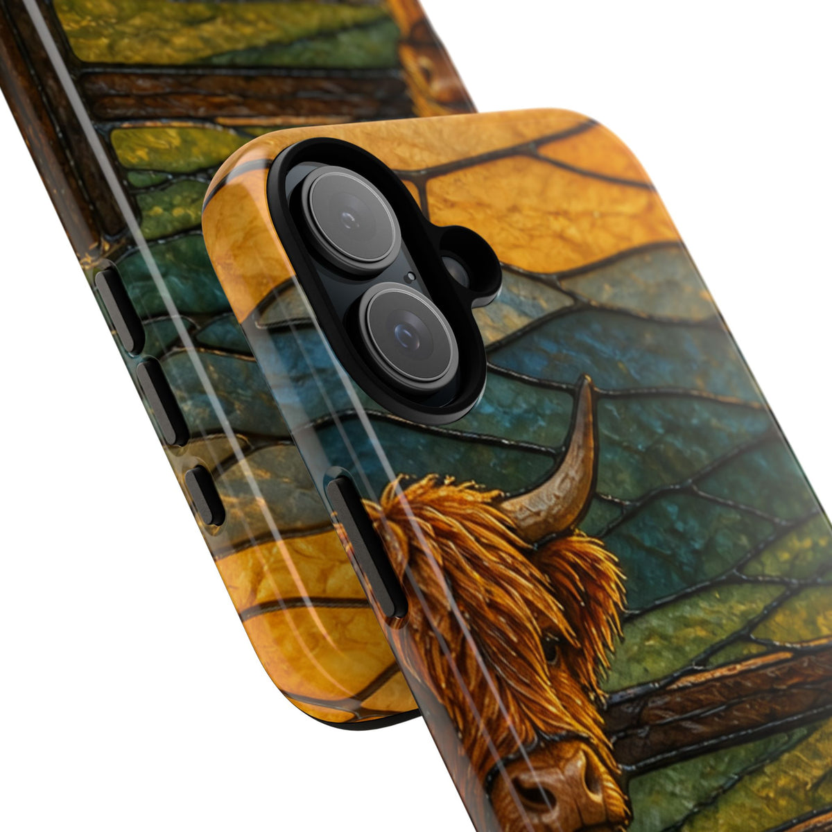 Highland Cow iPhone Case – Mini Highland - Stained Glass Morning Pasture | Tough Dual-Layer Case, iPhone 11–17