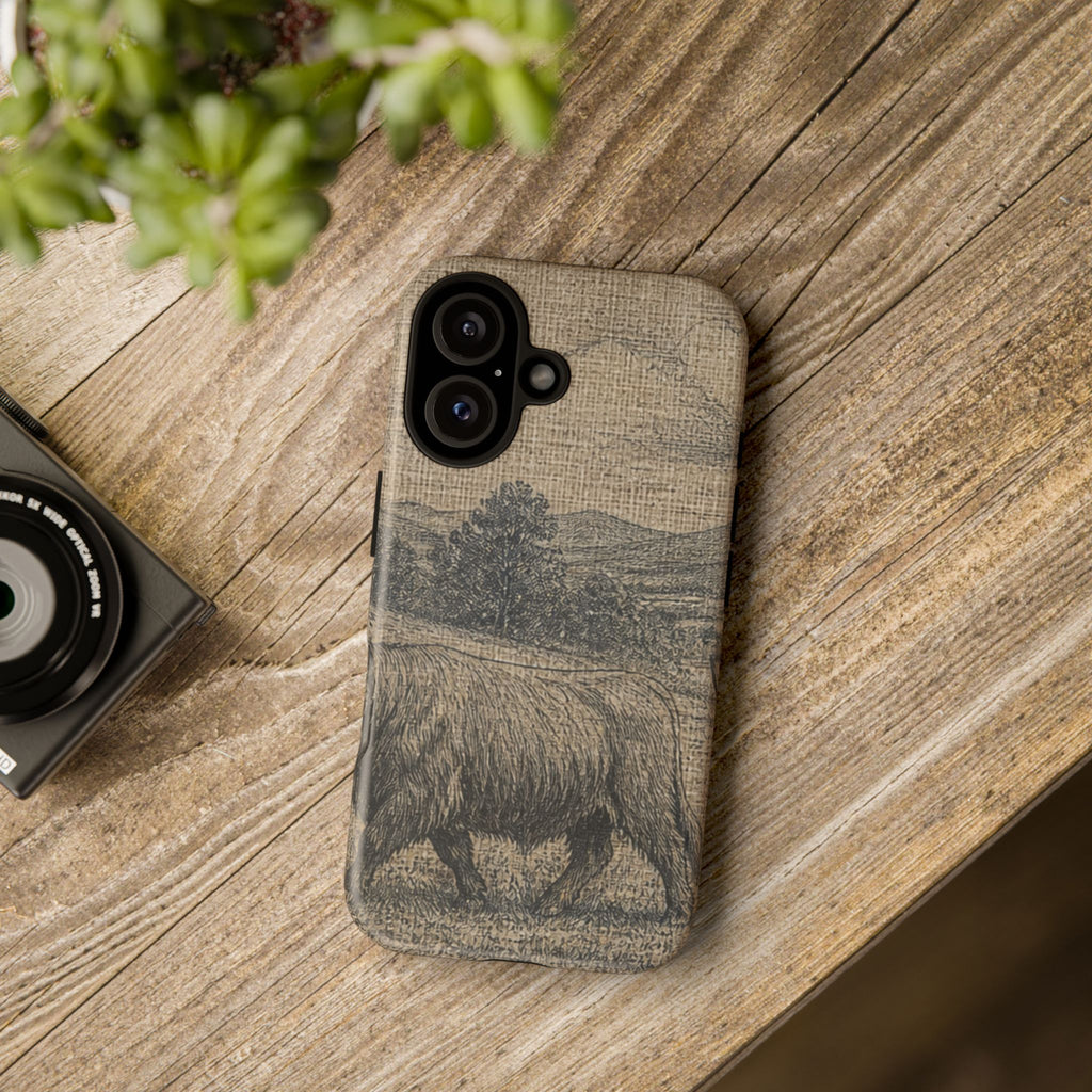 Highland Cow iPhone Case – Mini Highland - Linen Field Engraving | Tough Dual-Layer Case, iPhone 11–17