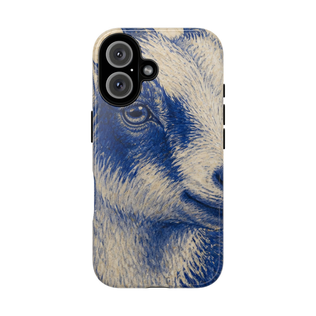 Goat iPhone Case – Pygmy Goat - Cobalt Transferware Portrait | Tough Dual-Layer Case, iPhone 11–17