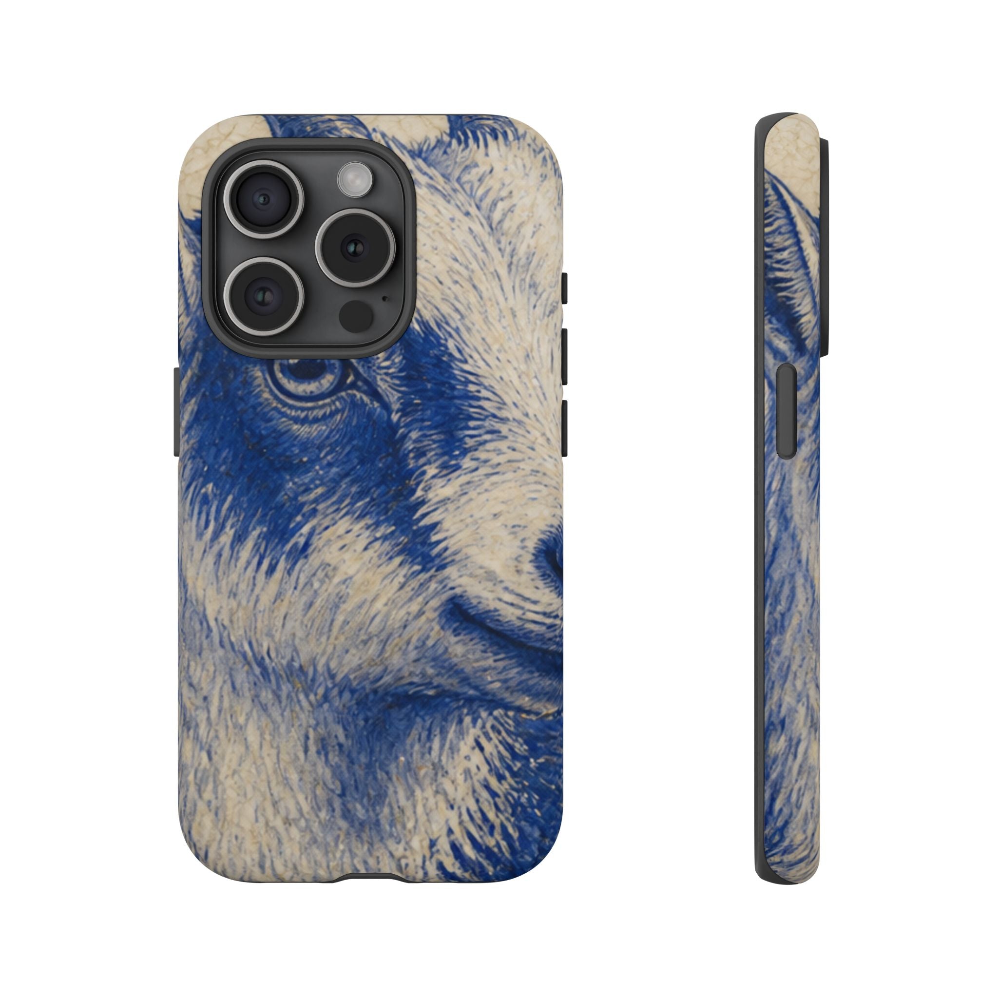 Goat iPhone Case – Pygmy Goat - Cobalt Transferware Portrait | Tough Dual-Layer Case, iPhone 11–17