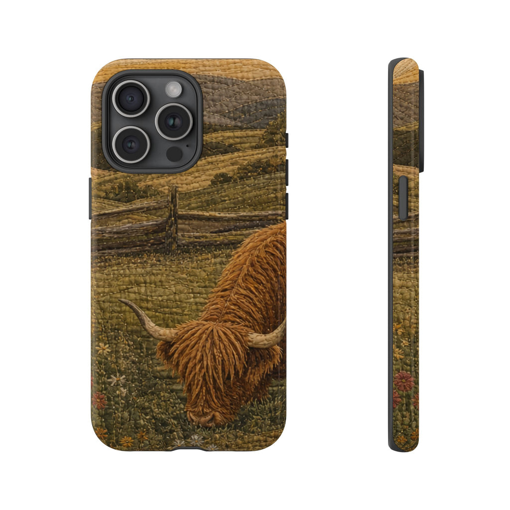 Highland Cow iPhone Case – Mini Highland - Heirloom Quilt Meadow | Tough Dual-Layer Case, iPhone 11–17