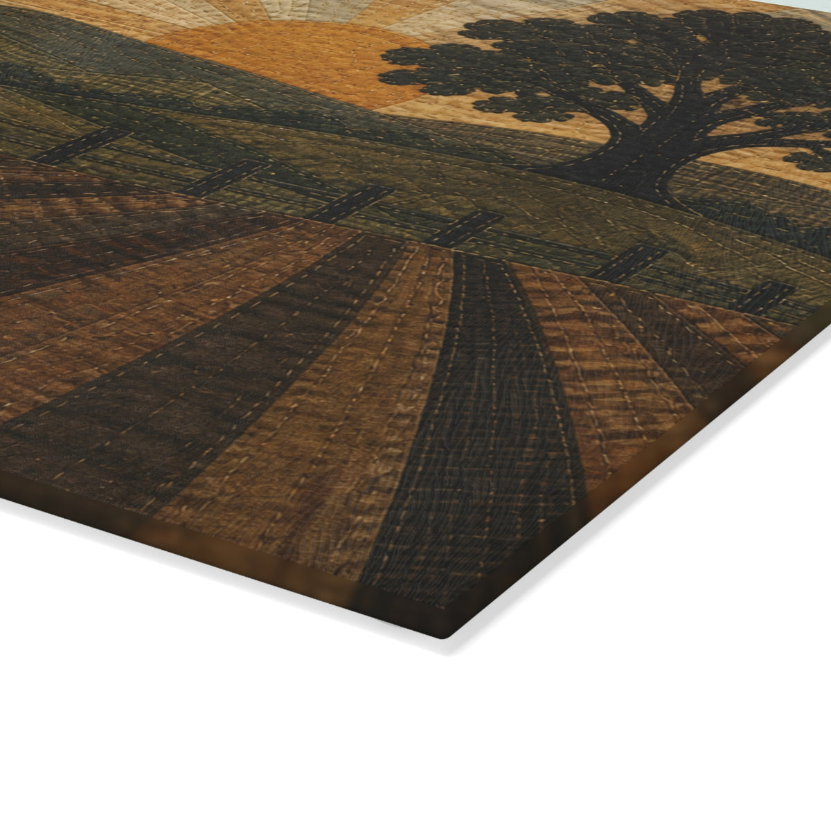 Glass Cutting Board – Quilted Pasture Sunset | Tempered Glass Charcuterie & Serving Board