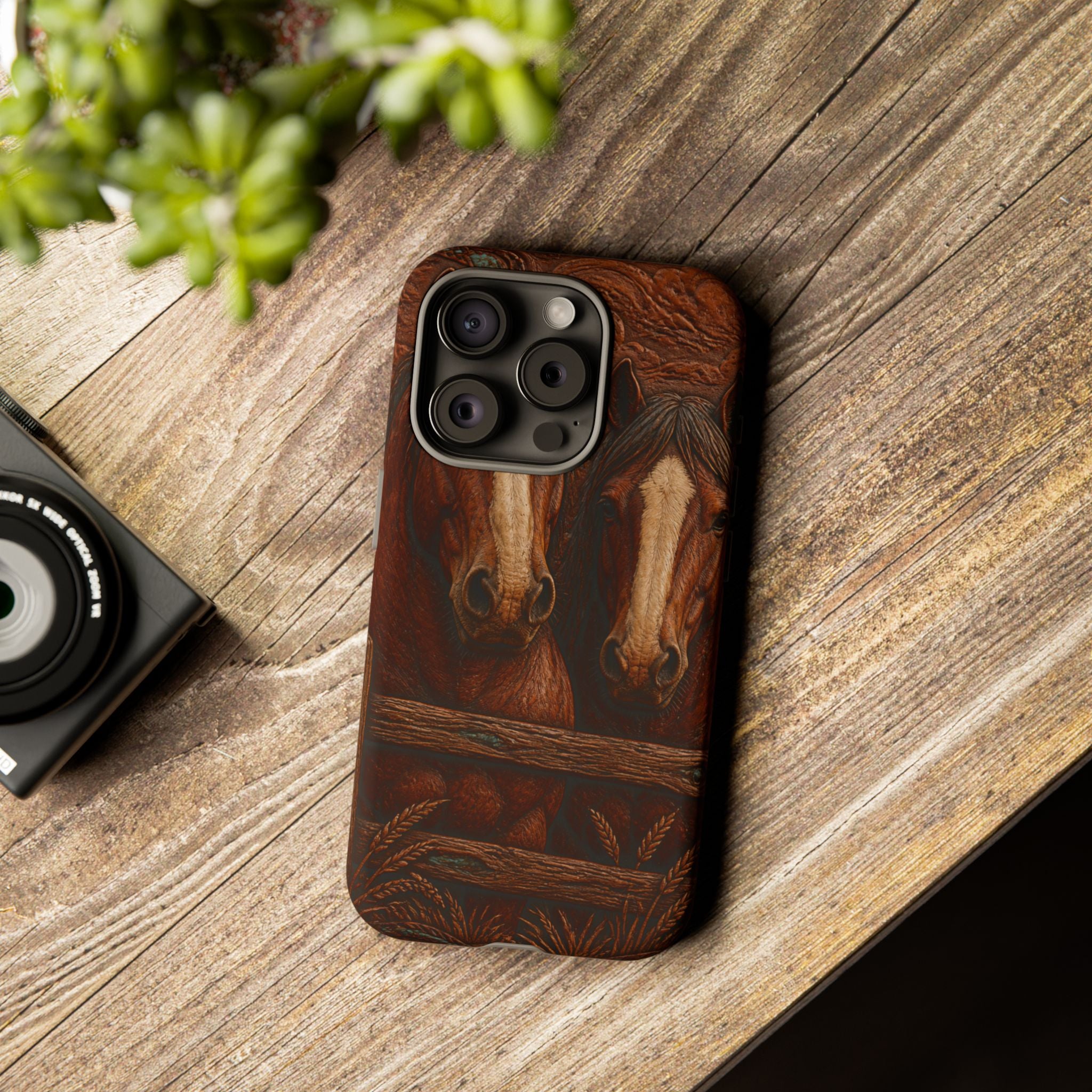 Draft Horse iPhone Case – Draft Horses at the Fence Tooled Leather | Tough Dual-Layer Case, iPhone 11–17