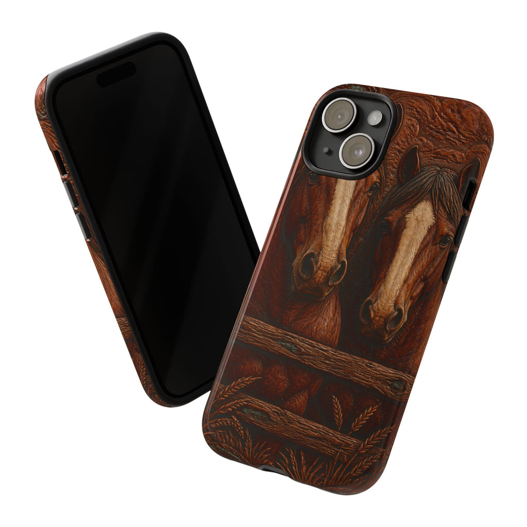 Draft Horse iPhone Case – Draft Horses at the Fence Tooled Leather | Tough Dual-Layer Case, iPhone 11–17