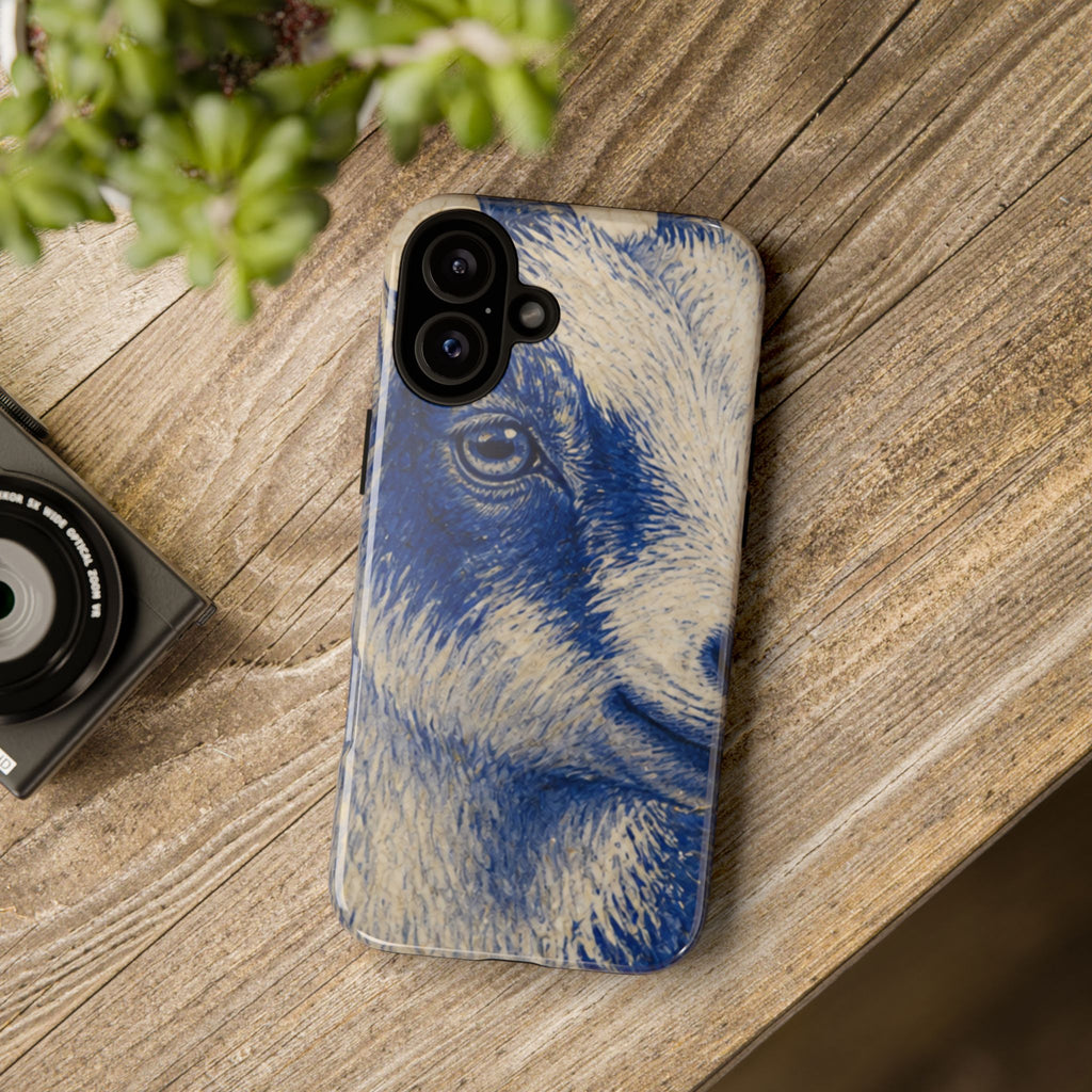 Goat iPhone Case – Pygmy Goat - Cobalt Transferware Portrait | Tough Dual-Layer Case, iPhone 11–17