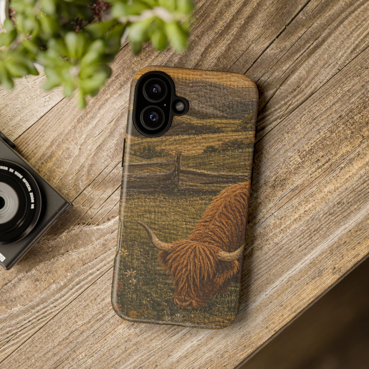 Highland Cow iPhone Case – Mini Highland - Heirloom Quilt Meadow | Tough Dual-Layer Case, iPhone 11–17