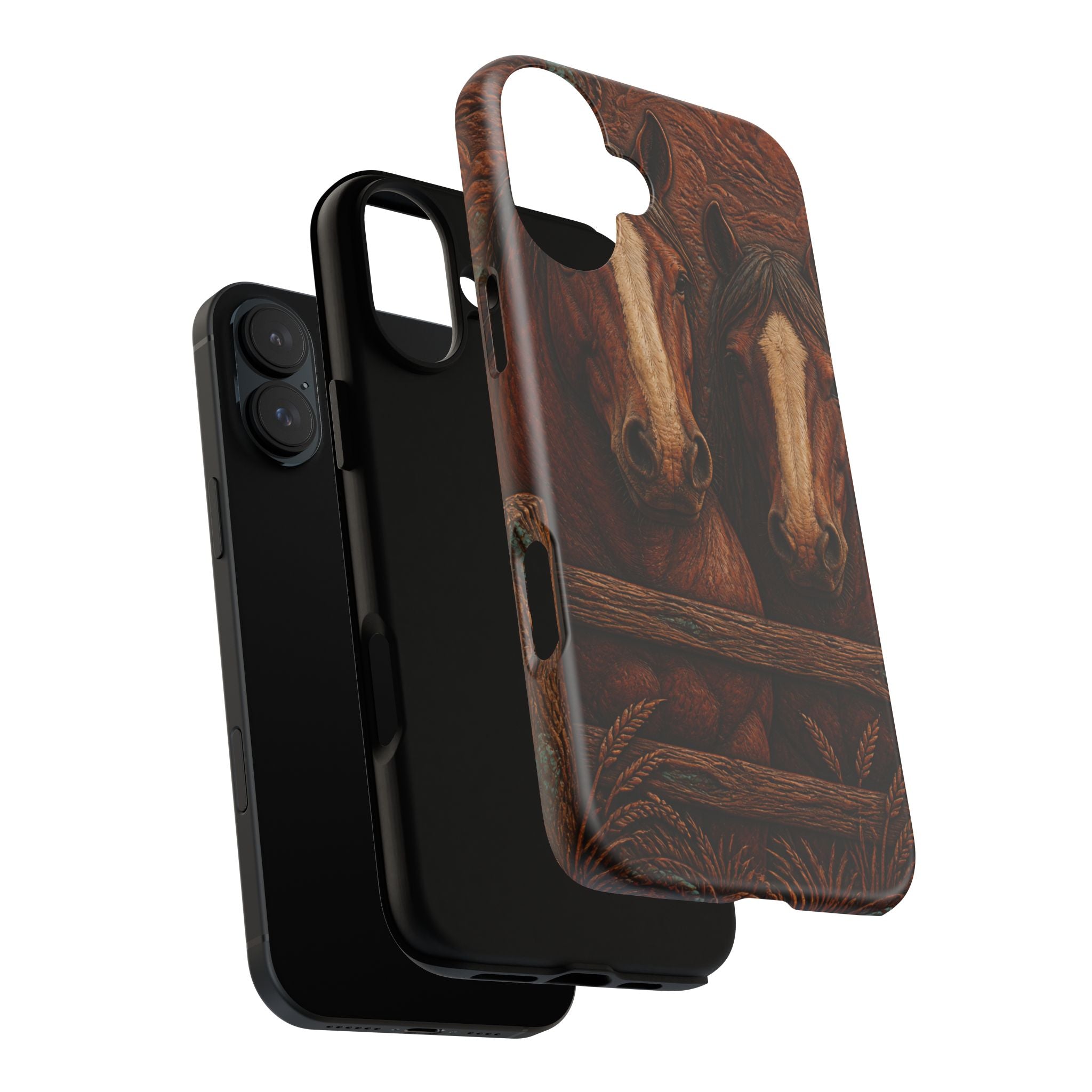 Draft Horse iPhone Case – Draft Horses at the Fence Tooled Leather | Tough Dual-Layer Case, iPhone 11–17
