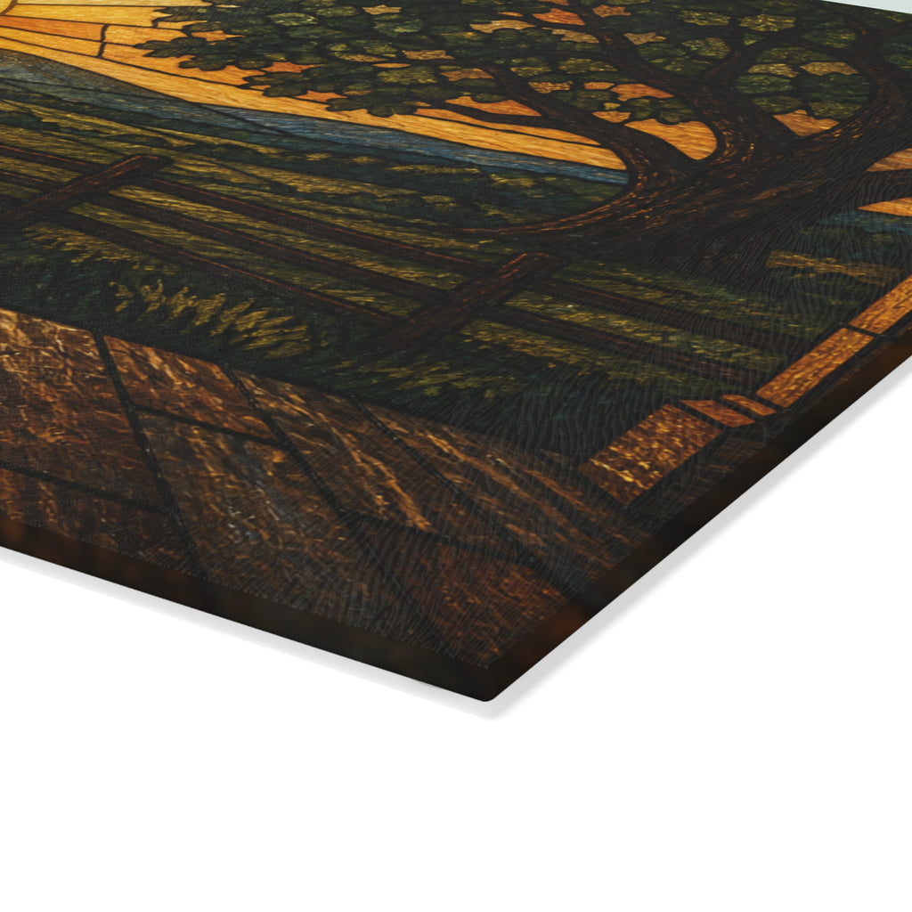 Glass Cutting Board – Stained Glass Porch Sunrise | Tempered Glass Charcuterie & Serving Board