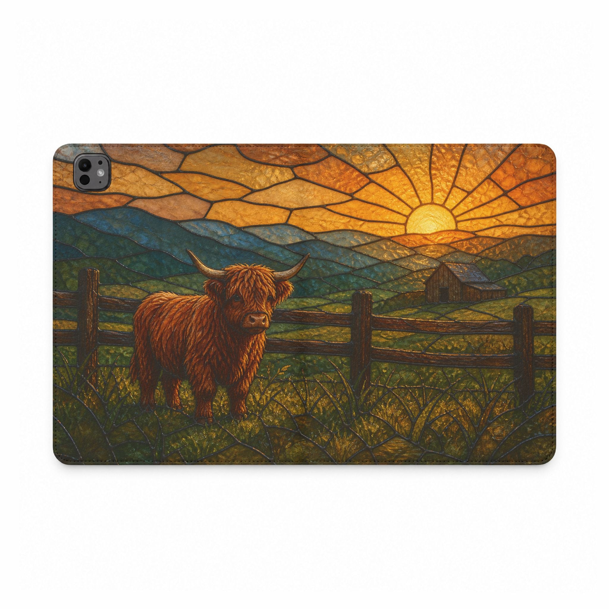 Highland Cow iPad Case – Mini Highland - Stained Glass Morning Pasture | Vegan Leather Folio with Card Pockets, All iPad Models
