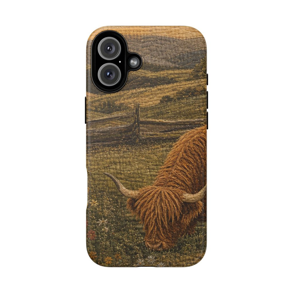 Highland Cow iPhone Case – Mini Highland - Heirloom Quilt Meadow | Tough Dual-Layer Case, iPhone 11–17