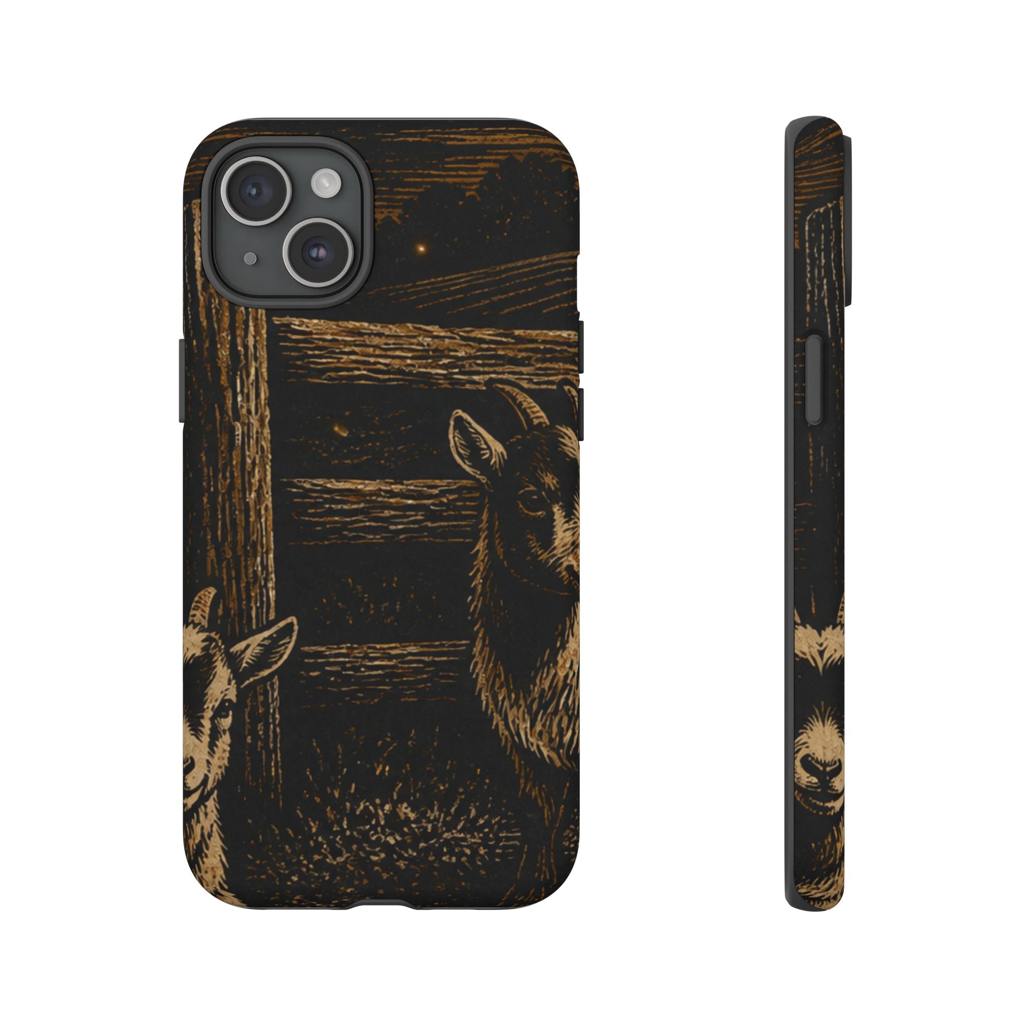 Goat iPhone Case – Pygmy Goats - Night Linocut Fireflies | Tough Dual-Layer Case, iPhone 11–17